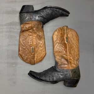 Vintage Corral Western Boots Black Ostrich Tan Leather Pointed Toe A3035 10.5D